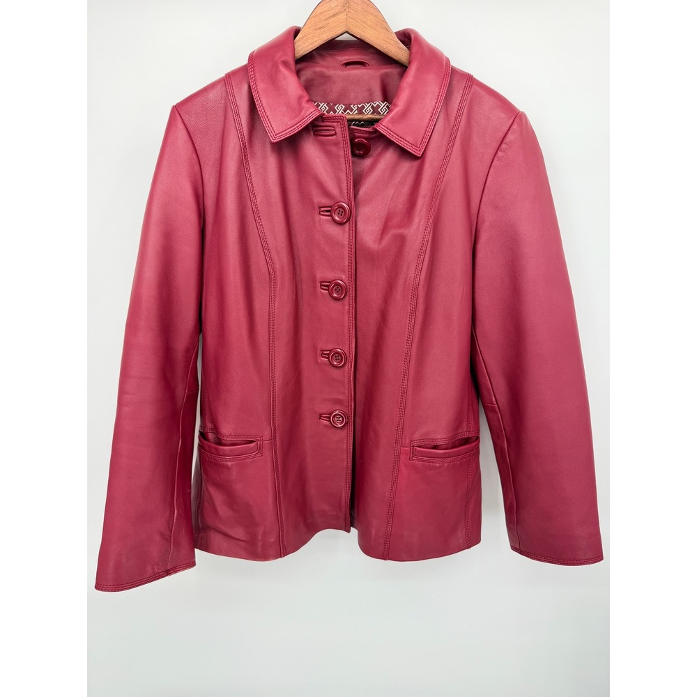 Jaclyn Smith Leather Blazer Jacket Womens L Red Good Button Front Structured